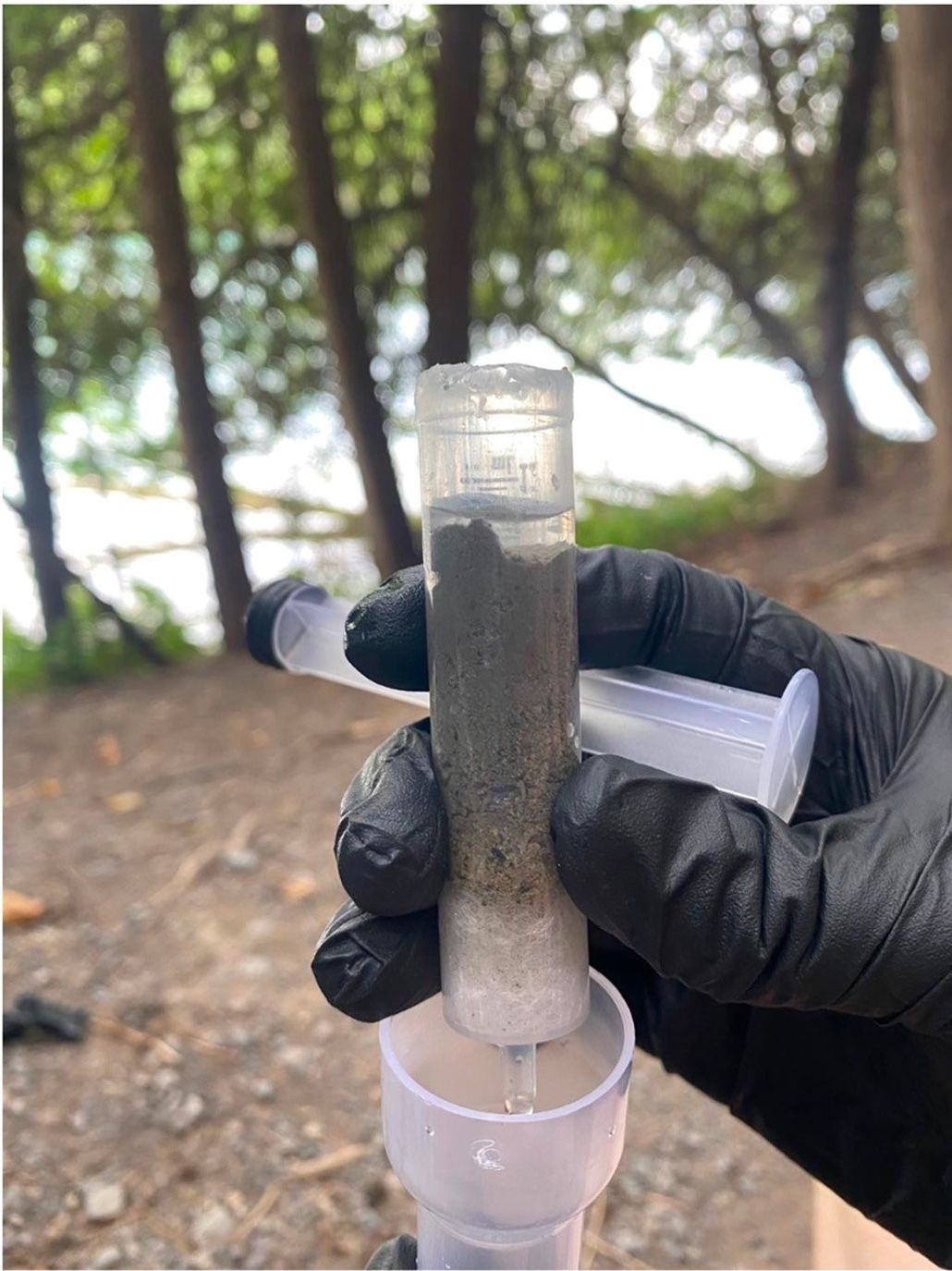 A hand holding a test tube or pipette containing a dark sample. Trees are in the background.
